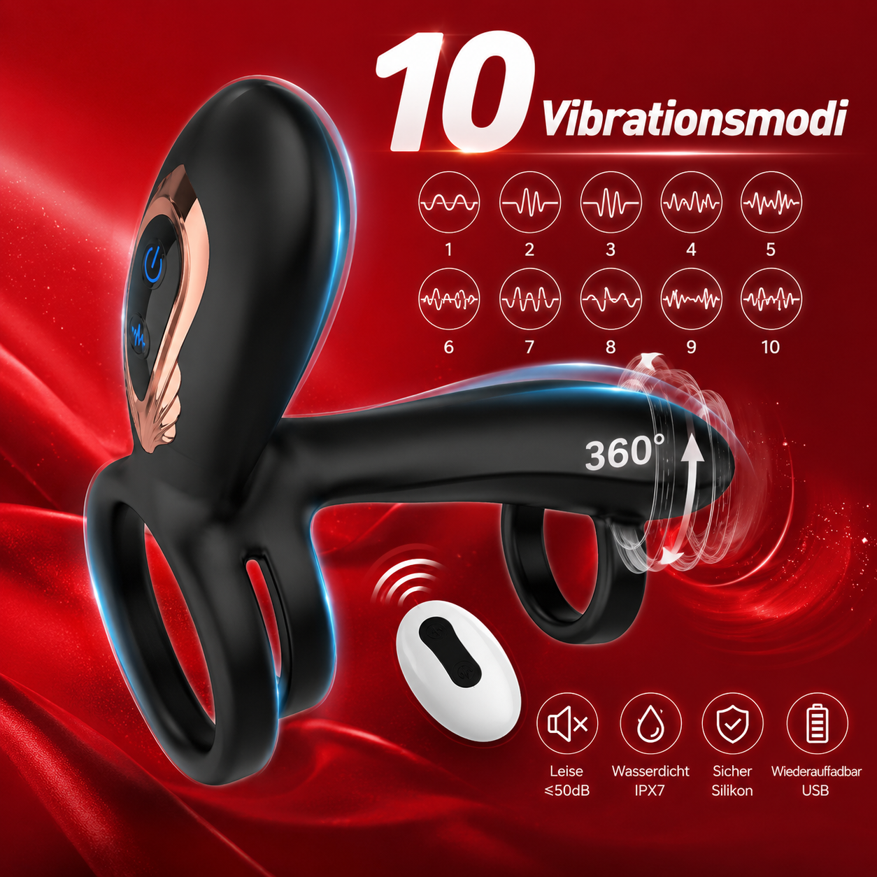 360° Drehbarer Penis Stimulator Vibrator Hüllenverlängerung mit 10 Modi