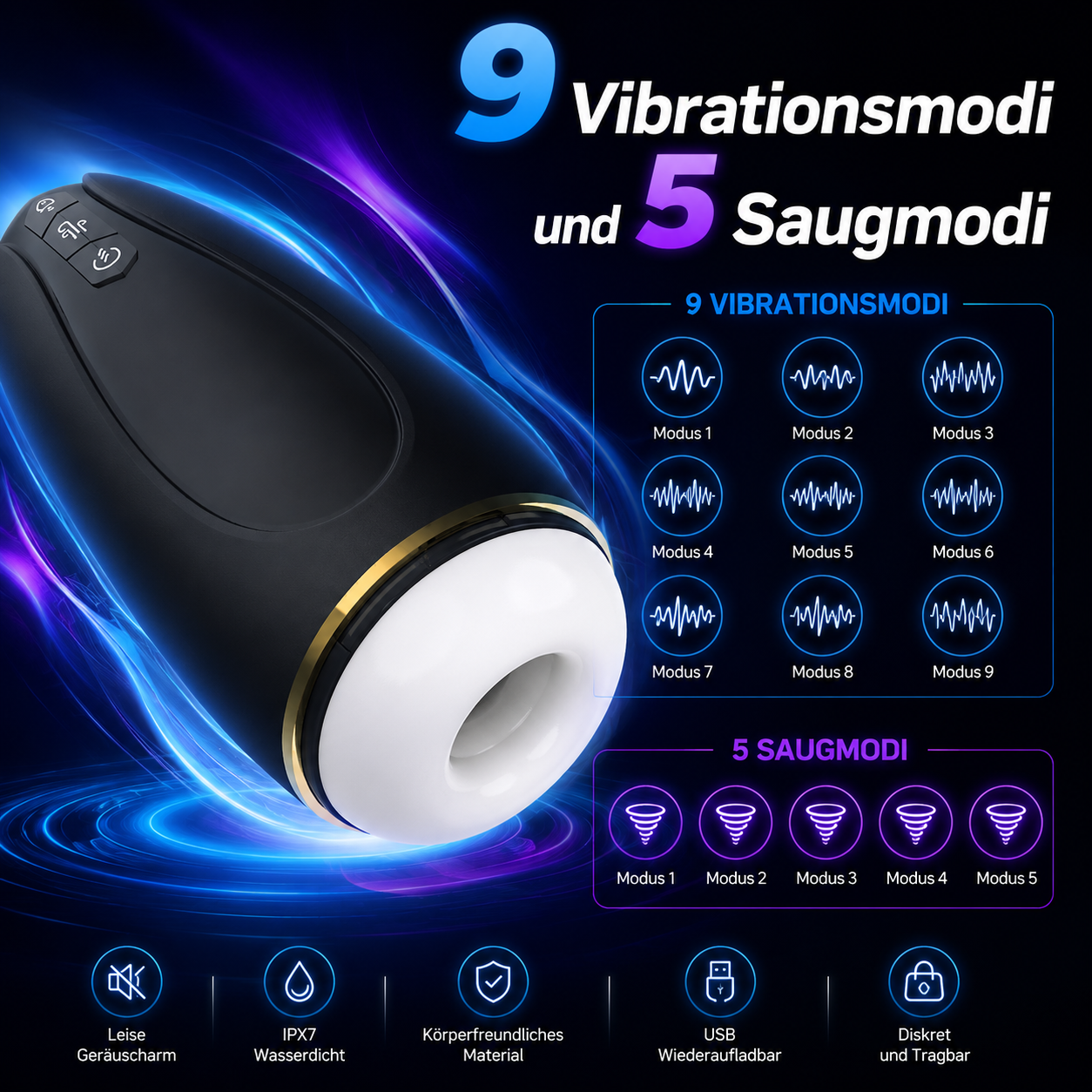 Automatischer Masturbationsbecher Glans Stimulator mit 9 Vibrationsmodi und 5 Saugmodi
