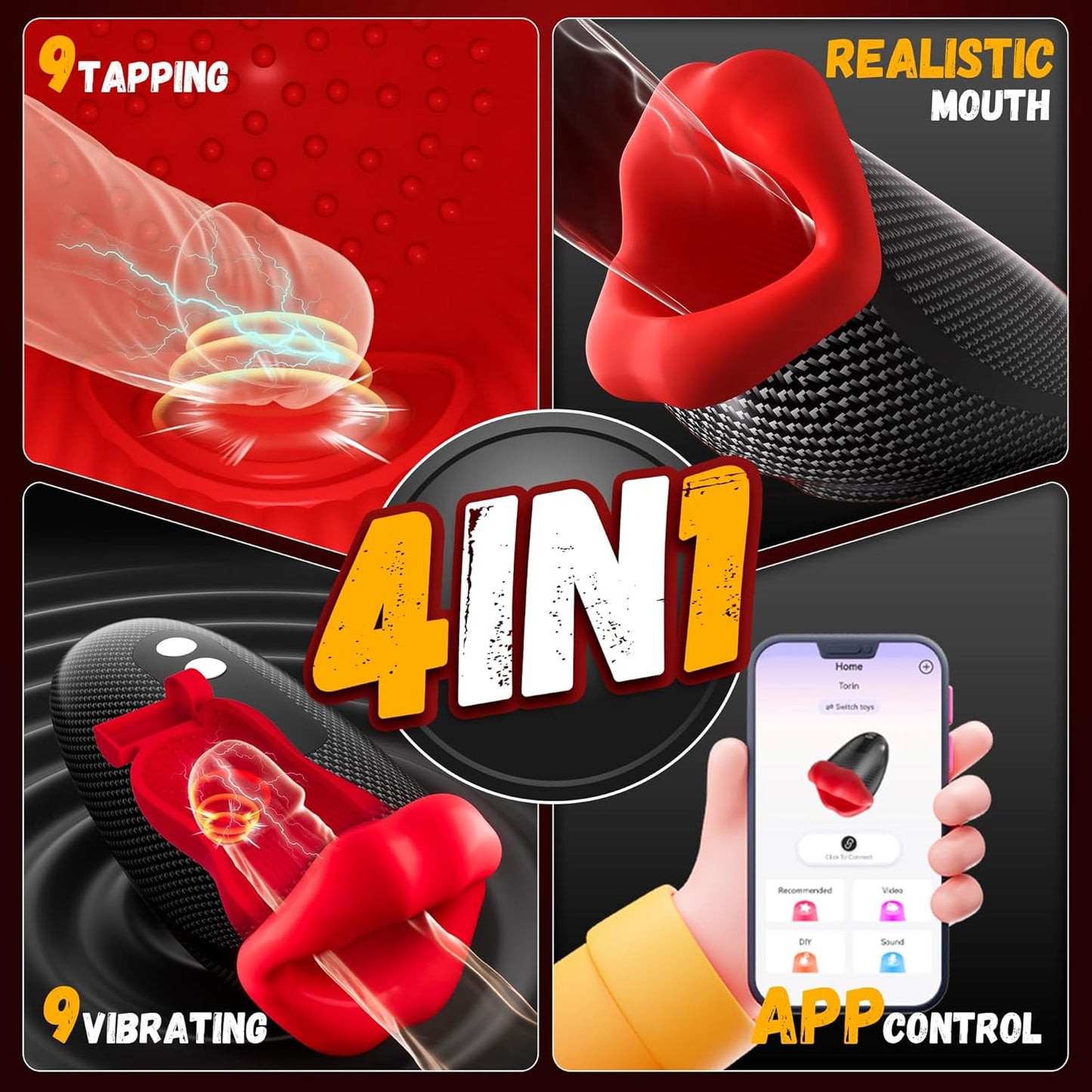 6 in 1 Masturbatoren Penistrainer Eichelvibrator mit 9x9 Klopfen-Lecken-Vibration