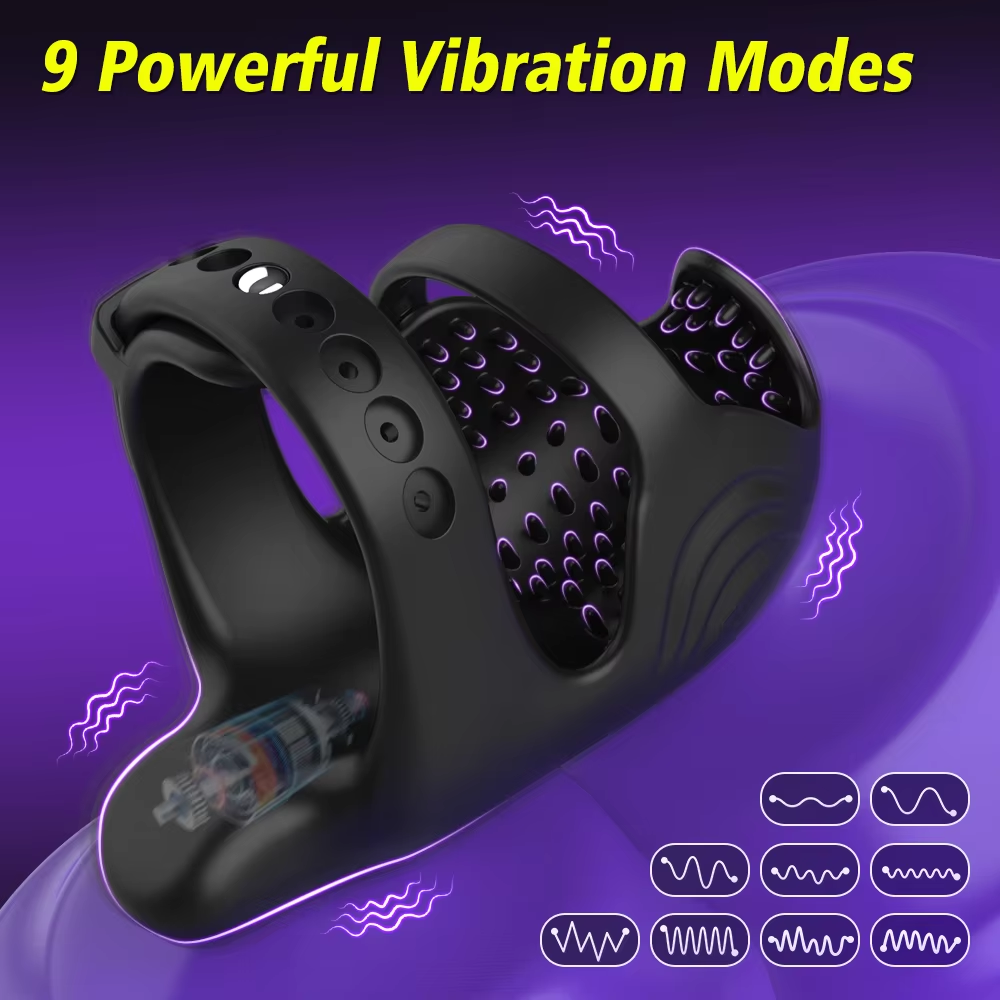 3 IN 1 Cockring Penisvibrator Hodenstimulator Keuschheitskäfig Set mit 9 Vibrationsmodi