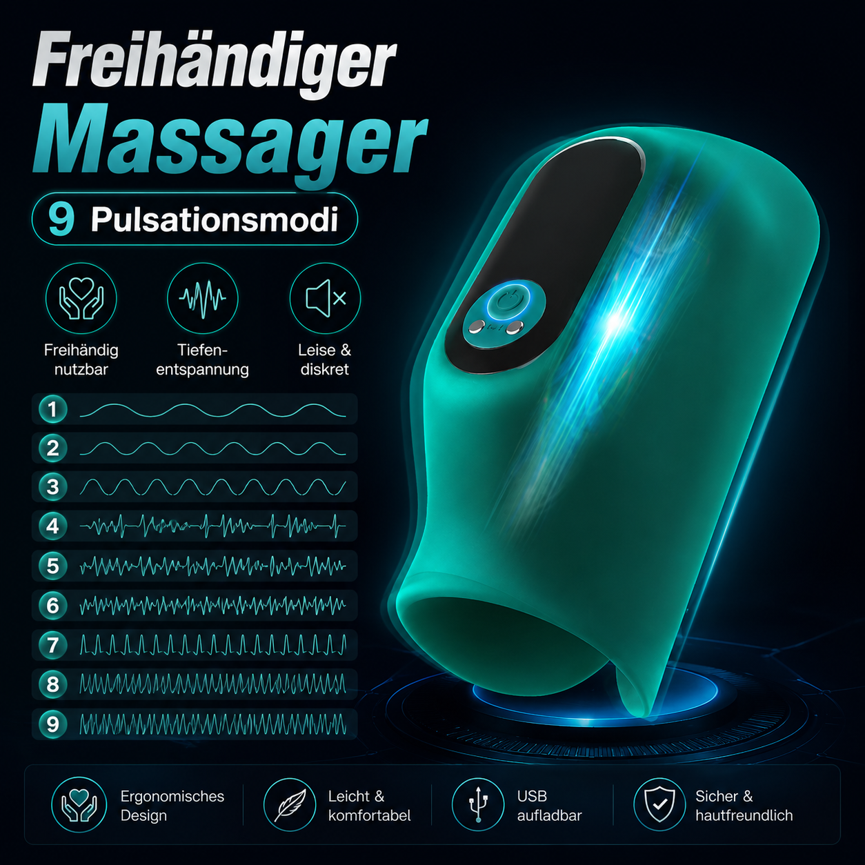 Freihändiger Penistrainer Eichelvibrator Massager Masturbator mit 9 Pulsationsmodi