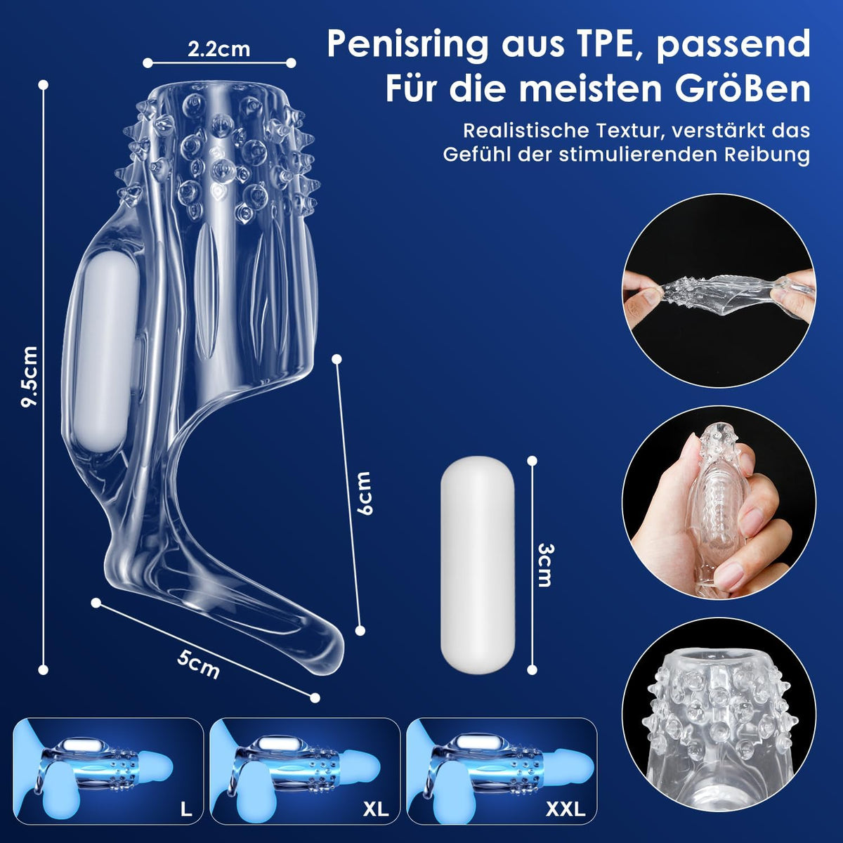 Transparente Penishülle Vibrator Cock Ring Penisvergrößerung mit 10 Vibrationsmodi