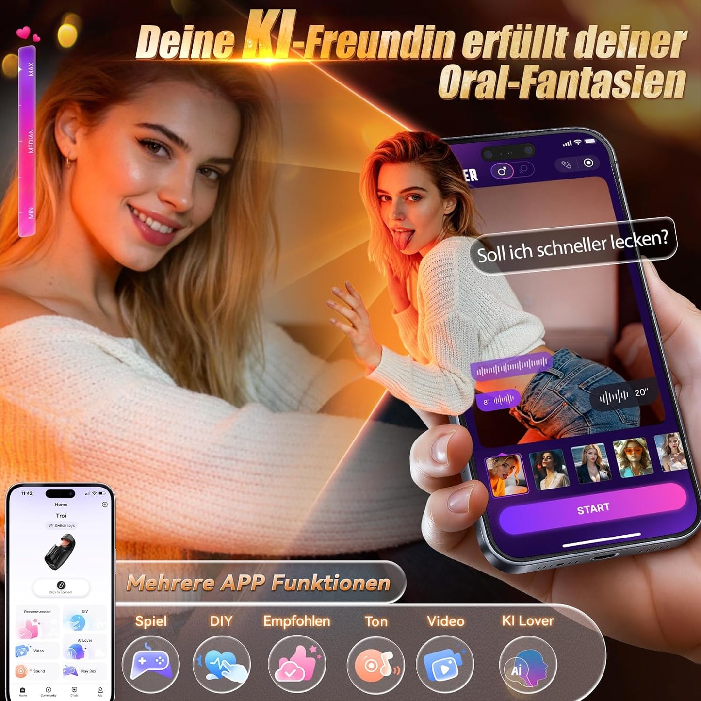 Blowjob Penis Vibrator Eicheltrainer mit 10 Pulsieren & 10 Zunge Lecken & 10 Vibrationsmodi