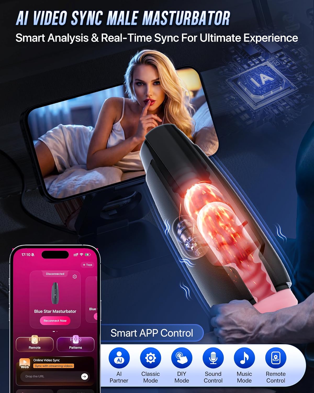 360° Heiz KI-gesteuerter Masturbator Stroker Blowjob mit 7 Stoß & 7 Vibrationsmodi