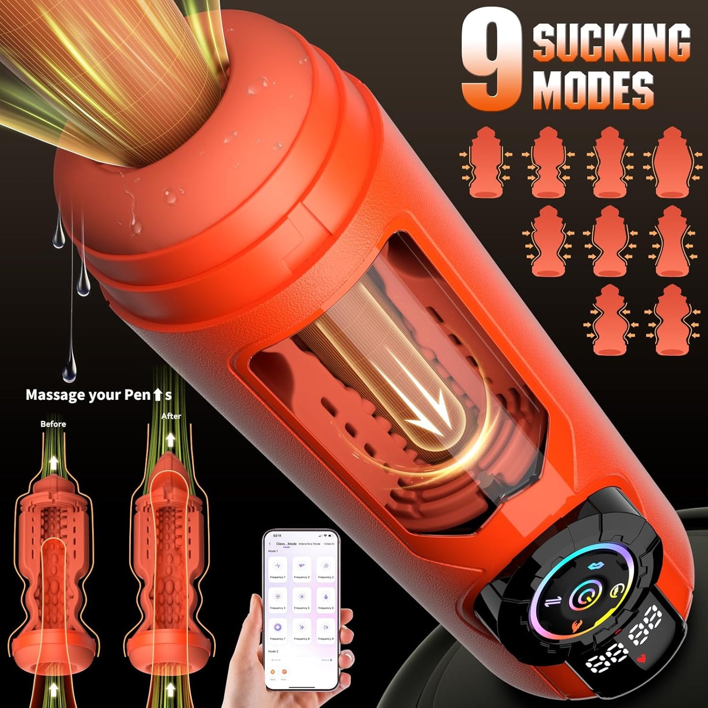 5 IN 1 App-gesteuerte Masturbationsmaschine mit 9 Vibrations & Leck & Stoß & Saugmodi