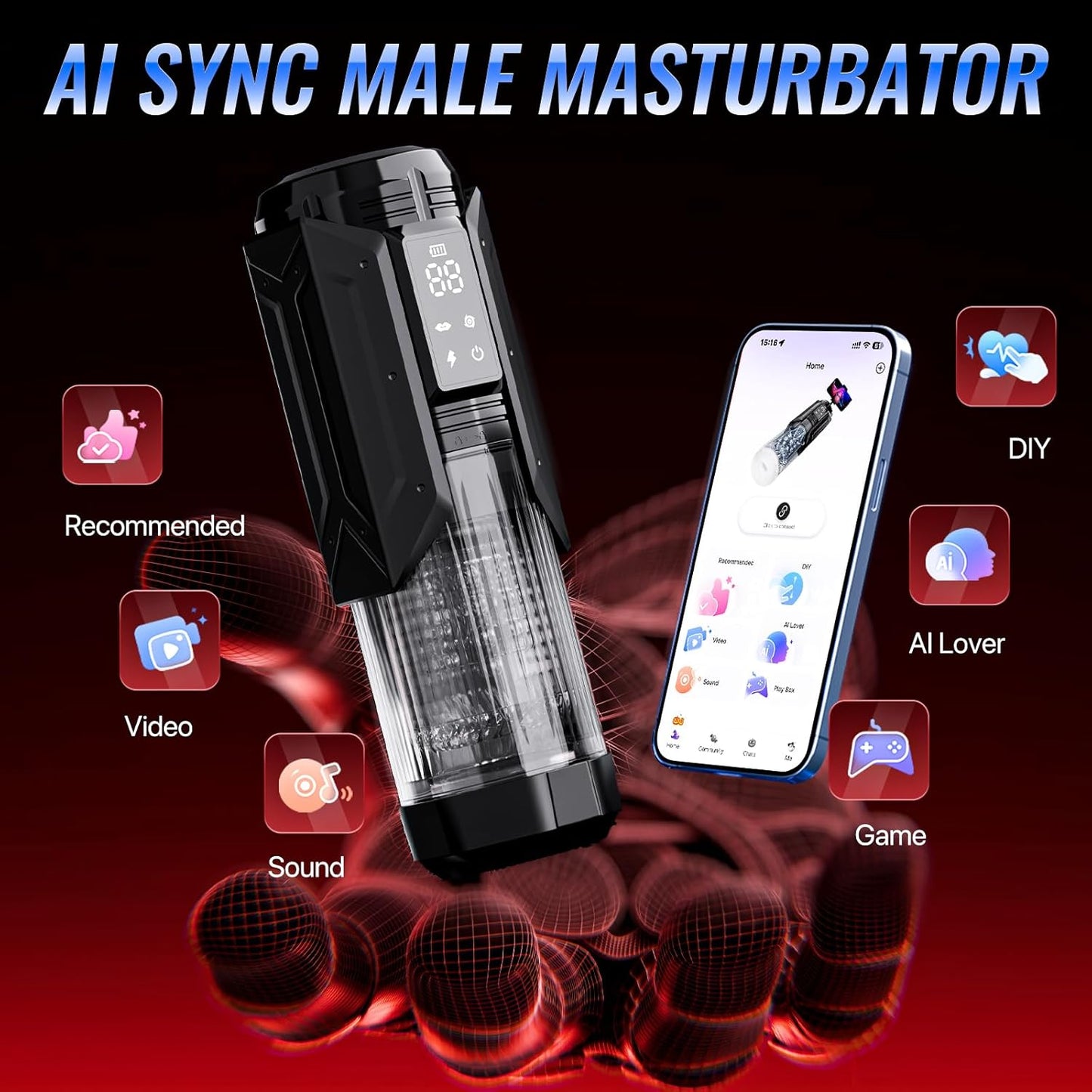 AI Sync Masturbator Penispumpe Tasche Muschi mit 7 Saugen & 7 Stoßen & Drehen & Lecken