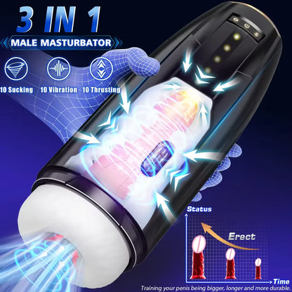 3 IN 1 Automatischer Masturbator Penis Stroker mit 10 Vibrations & Saug & Stoßmodi