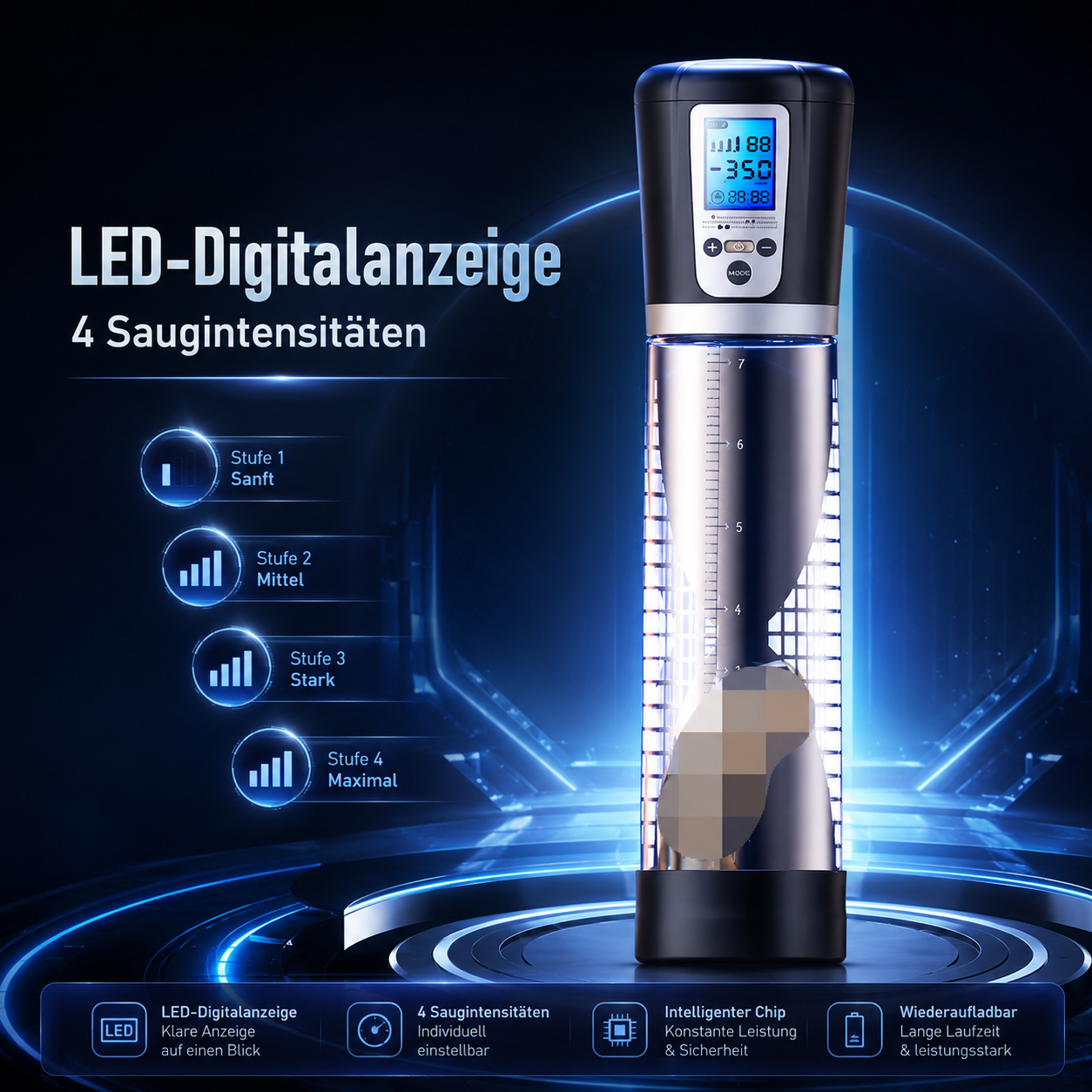 LED-Digitalanzeige Elektrische Penis Vakuumpumpe Masturbator mit 4 Saugintensitäten