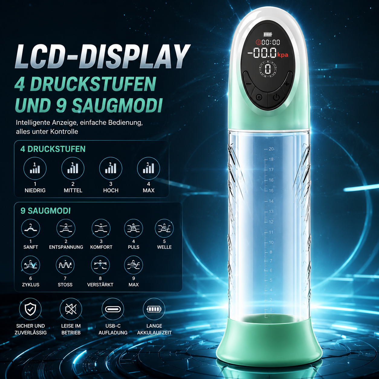LCD-Display Elektrische Penispumpe Masturbatoren mit 4 Druckstufen und 9 Saugmodi